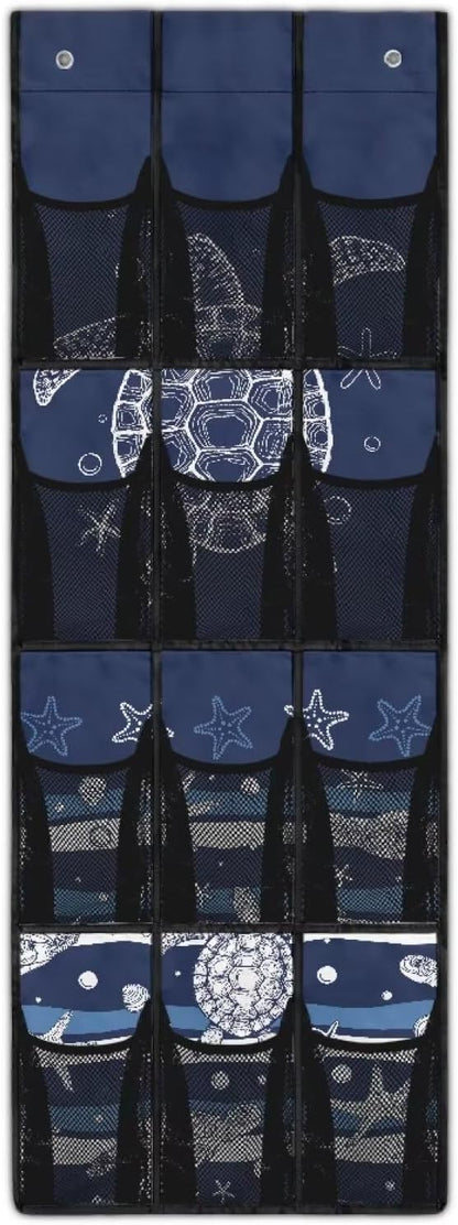 Over Door Hanging Organizer - 12 Reinforced Pockets for Diapers, Cleaning Supplies, Toys, Anti-Slip Metal Hooks,Sea Turtle