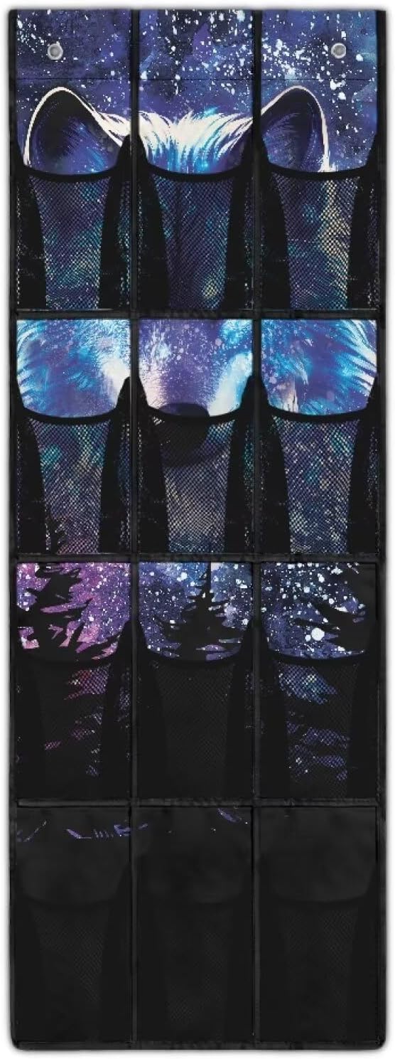 Wolf Door Hanging Shoe Organizer Mesh Fabric Over The Door Shoe Organizer for Closet 12 Pockets Strawberry Wall Hanging Storage Space Saving Shoe Holder Hanger