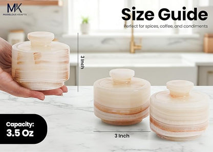 MARBLOUS KRAFTS 3" White Onyx Marble Salt Cellars with Lids, Flaky Salt Holder, Spice Container, Sugar Jar for Countertop, Set of 3 Kitchen Storage Bowls, Perfect Mother’s Day Gift for Her