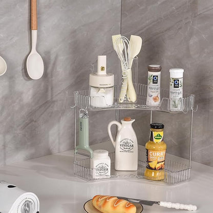 2-Tier Corner Bathroom Organizer Countertop with Hooks, Bathroom Sink Corner Vanity Storage for Makeup, Skincare and Perfume (White Silver)