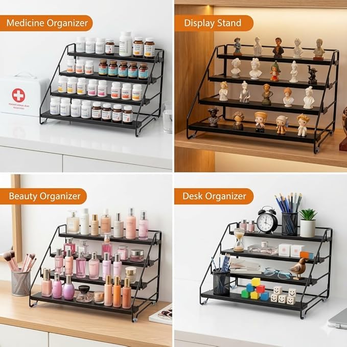 4 Tier Spice Rack Organizer for Cabinet, Step Adjustable Spice Shelf Seasoning Organizer with Non Slip Tiers, Expandable Metal Spice Rack for Kitchen Countertop, Pantry, Cupboard – Black