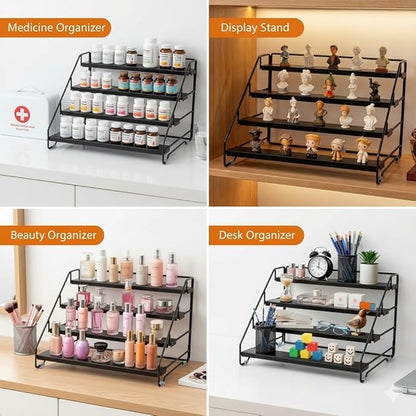 4 Tier Spice Rack Organizer for Cabinet, Step Adjustable Spice Shelf Seasoning Organizer with Non Slip Tiers, Expandable Metal Spice Rack for Kitchen Countertop, Pantry, Cupboard – Black