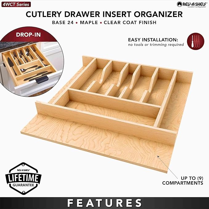 Rev-A-Shelf Natural Maple Right Size Utensil Insert Home Storage Kitchen Organizer 7 Compartment Drawer Accessory, 19 1/4" x 19 1/2", 4WCT-24SH-1