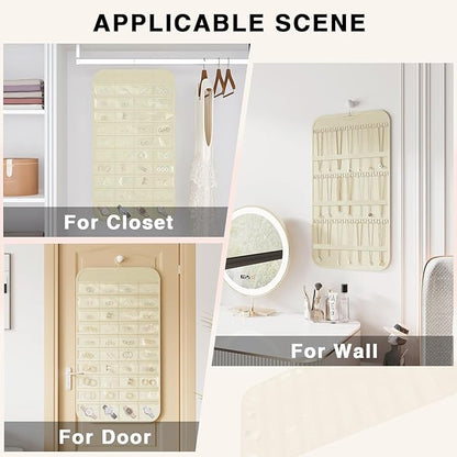 2-Pack Hanging Jewelry Organizer Storage, 40 Pockets 36 Hooks Necklace Earring Bracelet Ring Organizer, Double - Sided Design, Beige