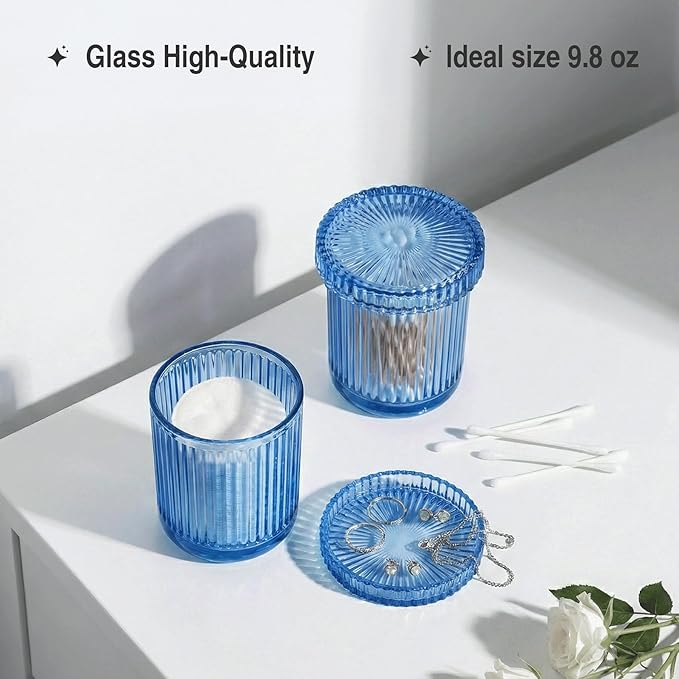 2 Pack Qtip Holder - Apothecary Jars with Lids, Bathroom Organizers and Storage Canister for Cotton Balls,Swabs,Floss Picks,Hair Ties,Clear Glass Vintage Bathroom Decor Jar Set (Blue2)