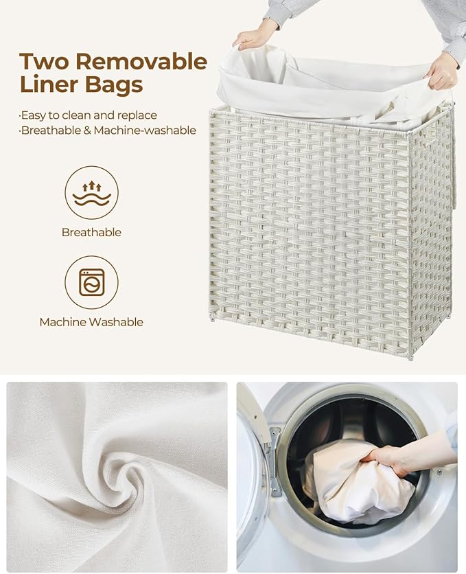 Greenstell Laundry Hamper with Lid, 125L Laundry Basket with 2 Removable Liner Bags & 2 Mesh Bags, Handwoven Synthetic Rattan Clothes Hamper for Clothes, Toys in Bathroom, Bedroom, Foldable, White