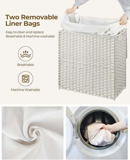 Greenstell Laundry Hamper with Lid, 125L Laundry Basket with 2 Removable Liner Bags & 2 Mesh Bags, Handwoven Synthetic Rattan Clothes Hamper for Clothes, Toys in Bathroom, Bedroom, Foldable, White