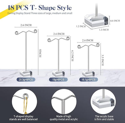Macarrie 18 Pcs Metal Earring Holder T Bar Earring Display Stand Organizer Countertop Hanger Hanging Jewelry Towers with Acrylic Base(Clear)