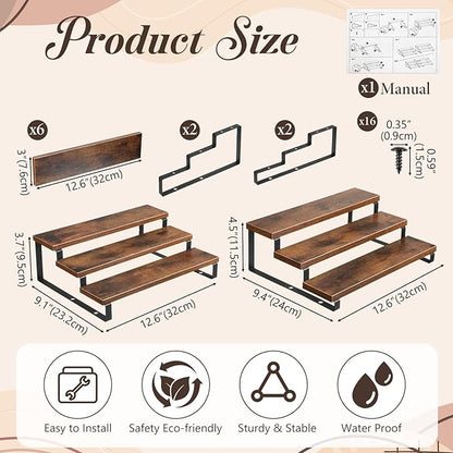 2PCS 3-Tier Spice Rack, 13.8 Inch Wooden Spice Rack for Countertop, Kitchen Countertop Shelf Organizer Spices Shelfs Wooden Display Riser Stand Kitchen Counter Shelf for Spices Bottles, Seasonings