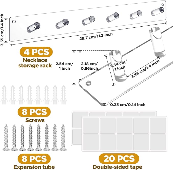 4 Pack Acrylic Necklace Holder – Wall Mounted Jewelry Organizer with 24 Hooks for Necklaces, Bracelets, Rings & Bangles, Clear Display Rack with Easy Installation (Screws & Tape Included)