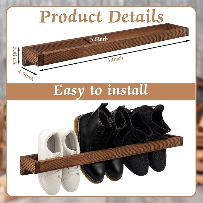 Wenqik 4 Pcs Wall Mounted Wooden Shoe Rack 30 Inch Rustic Wood Wall Hanging Shoe Rack Space Saving Footwear Holder Shoes Storage Organizer for Mudroom, Entryway, Closet (Burnt Wood)
