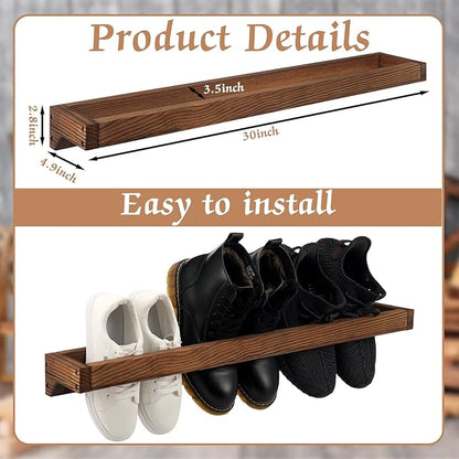 Wenqik 4 Pcs Wall Mounted Wooden Shoe Rack 30 Inch Rustic Wood Wall Hanging Shoe Rack Space Saving Footwear Holder Shoes Storage Organizer for Mudroom, Entryway, Closet (Burnt Wood)