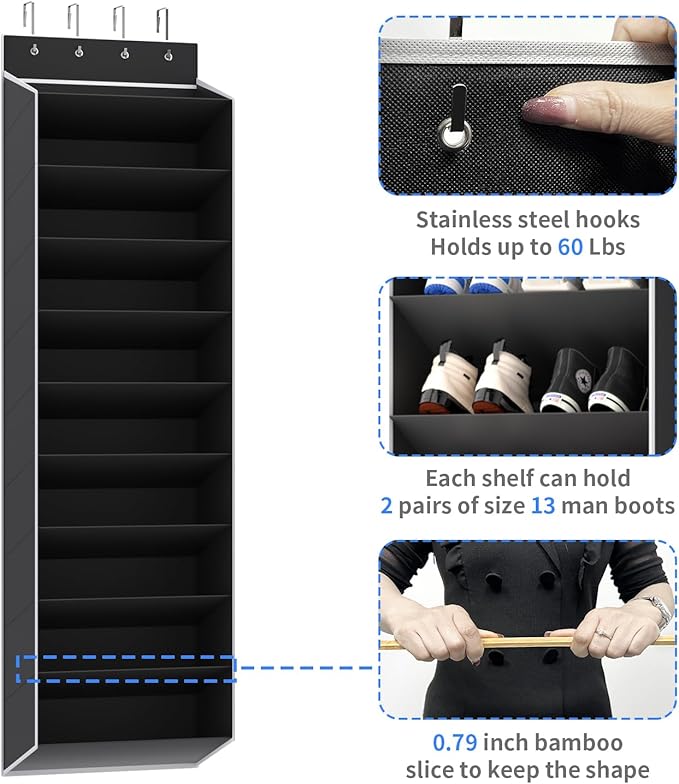 REGELETO 10 Tiers Large Size Over the Door Shoe Organizer Storage, Hanging Shoe Rack for Door with Deep Pockets, Fit 20 Pairs Shoe Organizer Holder for Sneakers and Boots (Black)