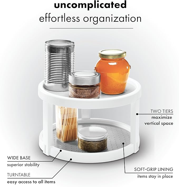 madesmart 10" Two-Level Turntable, Tiered Spinning Organizer for Spices, Lazy Susan Organizer, Condiments & Pantry Items, Non-Slip Lining, Easy to Clean, White