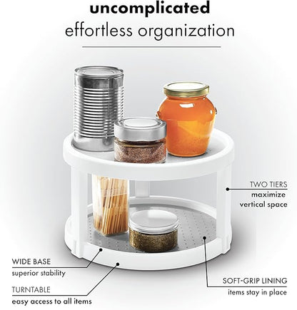 madesmart 10" Two-Level Turntable, Tiered Spinning Organizer for Spices, Lazy Susan Organizer, Condiments & Pantry Items, Non-Slip Lining, Easy to Clean, White