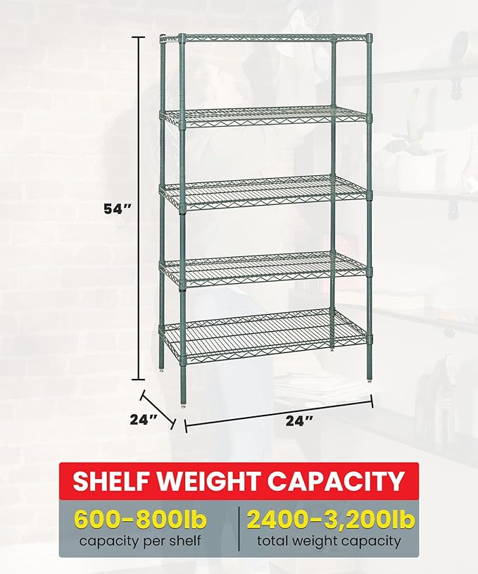 Quantum Storage Systems WR54-2424P Wire Shelving Starter Kit, 24" W x 24" D x 54" H, 600 lbs Capacity, Carbon Steel, Epoxy Coated, Green, NSF