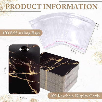 ZYNERY 100 PCS Display Cards With Self-Sealing Bags, 3 x 4.7 Inch Stand Card, Packaging Supplies for Displaying Keychains and Jewelry (Marble Black)