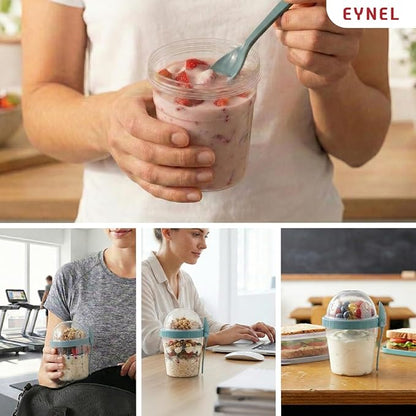 4 Pack 17 oz Small Breakfast On The Go Yogurt Parfait Cups, Reusable Plastic Containers with Lids and Spoons, Perfect Jars for Overnight Oats Cereal Granola Oatmeal (4 Colors Set)