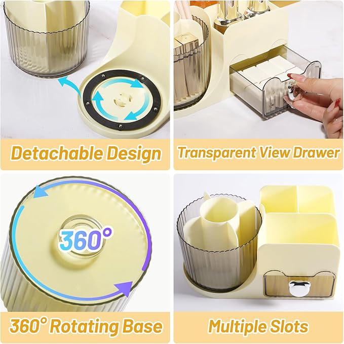 DASITON Makeup Organizer with Drawer, 360° Rotating Makeup Brush Holder, Makeup and Skincare Storage Box, Make Up Organizers for Vantiy, Desktop, Bathroom Countertop, Cosmetic Display Case (Cream)