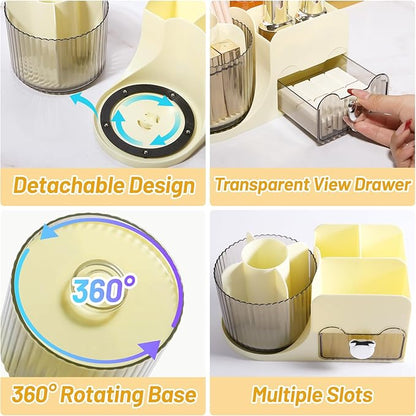 DASITON Makeup Organizer with Drawer, 360° Rotating Makeup Brush Holder, Makeup and Skincare Storage Box, Make Up Organizers for Vantiy, Desktop, Bathroom Countertop, Cosmetic Display Case (Cream)