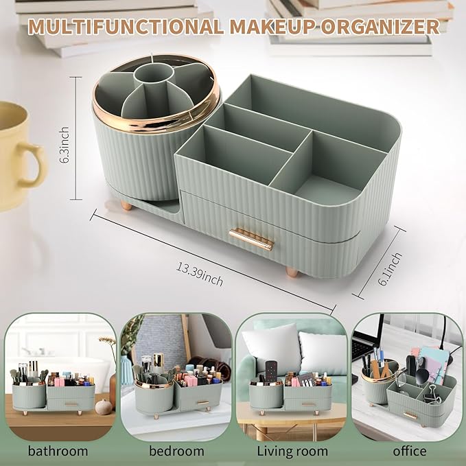 Beborxue 360° Rotating Makeup Organizer for Vanity with Drawers, Large Capacity Cosmetic Display Case, skincare organizer, Cosmetic Organizer for Lipstick, Skincare, Brushes, Eyeshadow, (Green)