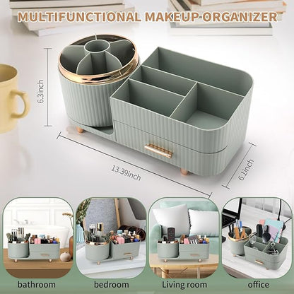 Beborxue 360° Rotating Makeup Organizer for Vanity with Drawers, Large Capacity Cosmetic Display Case, skincare organizer, Cosmetic Organizer for Lipstick, Skincare, Brushes, Eyeshadow, (Green)