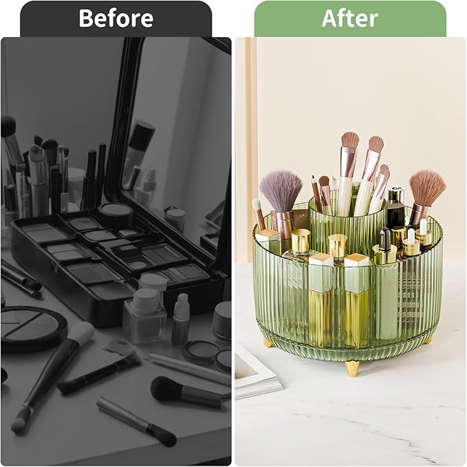 Clear Rotating Makeup Organizer Countertop for Vanity, 360° Makeup Brush Holder Organizer with 5 Compartments, Transparent Cosmetic Storage for Lipstick, Skincare, Bathroom Counter(Transparent Green)