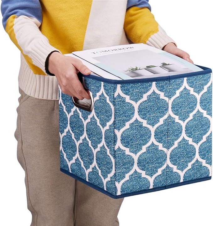 Square Fabric Cube Storage Bins 10.5x10.5 x 11In Blue Cloth Storage Cubes Baskets Foldable Storage Boxes Decorative Cubicle Strorage Inserts Cubes Drawer Organizer Closet,QY-SC09-6