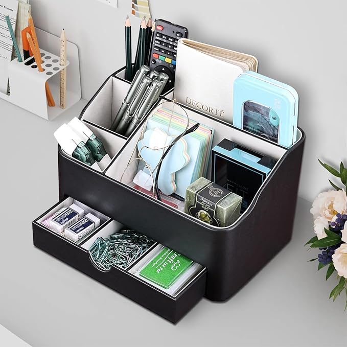 KINGFOM Leather Makeup Organizer with Drawer, Cosmetic Storage for Dresser Countertop and Bathroom Vanity, Beauty Holder for Lipstick Brush Skincare (Black)