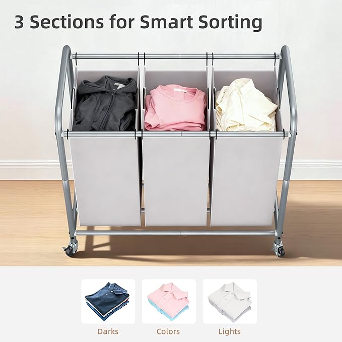 STORAGE MANIAC 3 Section Laundry Sorter, 35.6 Gal (135 L) Laundry Hamper Cart with Heavy Duty Rolling Lockable Wheels and Removable Bags, Clothes Organizer Basket Clothes Separator Hamper, Gray
