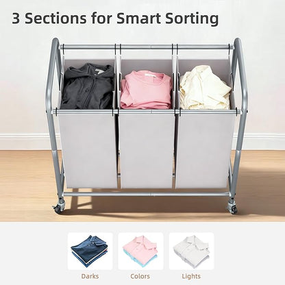 STORAGE MANIAC 3 Section Laundry Sorter, 35.6 Gal (135 L) Laundry Hamper Cart with Heavy Duty Rolling Lockable Wheels and Removable Bags, Clothes Organizer Basket Clothes Separator Hamper, Gray
