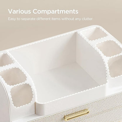 HBlife Makeup Organizer for Vanity with Brush Holder, Large Bathroom Countertop Cosmetic Organizer Skin Care Storage, Easy to Store Nail Polishes, Perfumes, Eyeshadow Palettes, Pearl All White