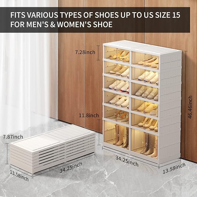 CIMLORD 6-Tier Foldable Shoe Rack Organizer for Closet 24Pairs Plastic Shoe Shelf Collapsible Shoes Storage Box Clear Shoe Boxes Stackable with Door Easy Assembly Shoe Cabinet with Lids Large