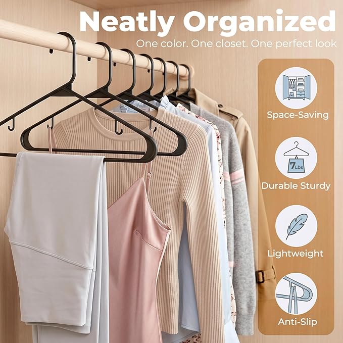 HOUSE DAY Plastic Hangers 20 Pack, Space Saving Clothes Hangers with Built-in Hooks, Durable & Strong Closet Organizers and Storage, Dorm Room Essential, Perfect for Shirts, Coat, Pants, Dress - Black