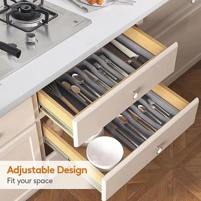 Silverware Drawer Organizer, Expandable Kitchen Drawer Organizer, Adjustable Cutlery Storage, Flatware and Cutlery Holder for Spoons Forks Knives (Gray)