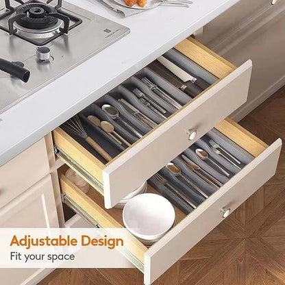 Silverware Drawer Organizer, Expandable Kitchen Drawer Organizer, Adjustable Cutlery Storage, Flatware and Cutlery Holder for Spoons Forks Knives (Gray)