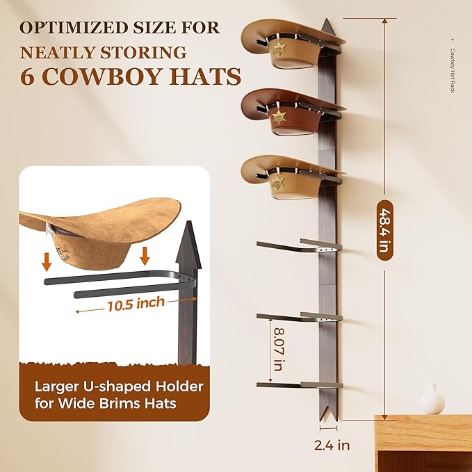 Cowboy Hat Rack for Wall, Cowboy Hat Holder Wall Mount Holds up to 6 Hats, Wooden Western Rustic Metal Hat-Organizer with Arrow Sign Board, Display and Decor Rack for Fedora, Sun Hats,Baseball Caps