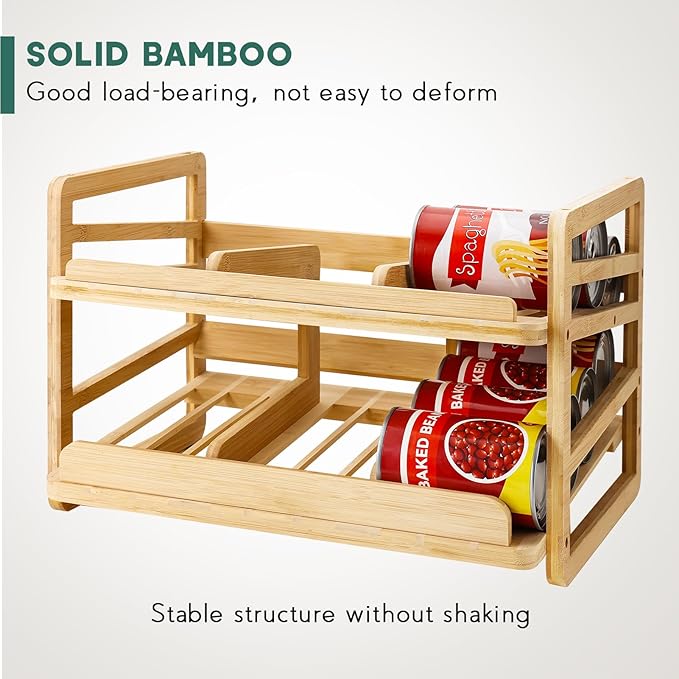 Yumkfoi Rolling Bamboo Can Organizer Rack, Stackable Double-Layer Can Organizers and Storage For Pantry, Canned Goods Holder Dispenser For Countertop Kitchen Cabinet or Pantry Shelf
