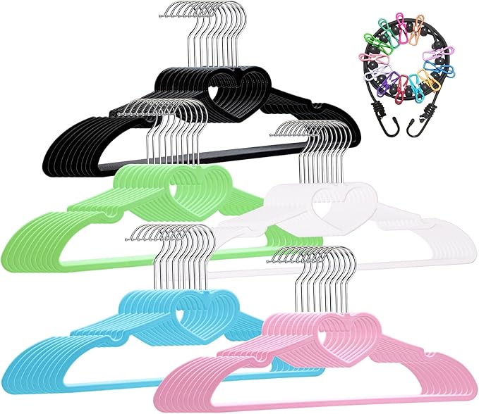 Plastic Hangers 50 Pack, Heart-Shaped Clothes Hanger Ultra Thin Space Saving-colorful Hangers with 360 Degree Swivel Hook & Travel Clothesline-Sturdy Adult Coat Hangers for Dress, Shirts, Coats