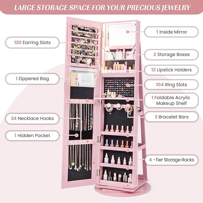 Multigot 3-Color LED Lights Jewellery Cabinet, 3-in-1 360° Swivel Jewelry Armoire with Full-Length Mirror, Lockable Cosmetic Storage Organizer for Dressing Room Living Room Bedroom (Pink)