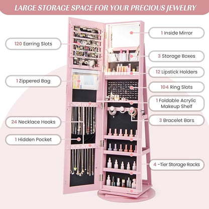 Multigot 3-Color LED Lights Jewellery Cabinet, 3-in-1 360° Swivel Jewelry Armoire with Full-Length Mirror, Lockable Cosmetic Storage Organizer for Dressing Room Living Room Bedroom (Pink)