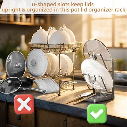 2026 New Multifunctional Kitchen Pot Lid Organizer with Removable Drip Tray, Double-Layer Lid Holder Stand for Countertop/Stove Top - Space-Saving Storage for Pot Lids, Spoons & Kitchen Tools (Gray)