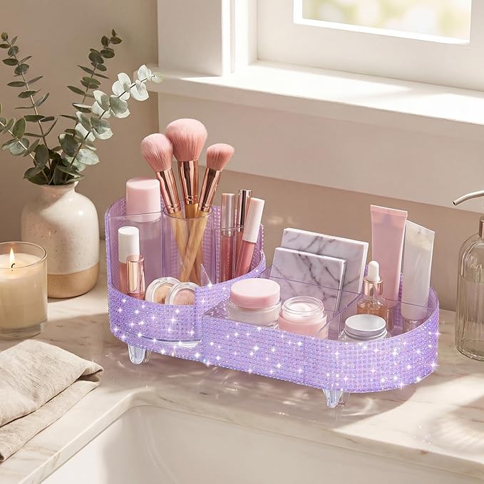 Teen Girls Mother's Day 360 Rotating Bling Makeup Organizer Gift Rhinestone Diamond Bathroom Organizer Girly Skin Care Brush Holder for Countertop, Bathroom Essentials(Purple,Rhinestone)