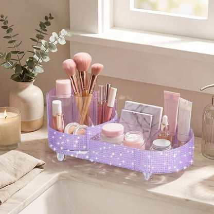Teen Girls Mother's Day 360 Rotating Bling Makeup Organizer Gift Rhinestone Diamond Bathroom Organizer Girly Skin Care Brush Holder for Countertop, Bathroom Essentials(Purple,Rhinestone)