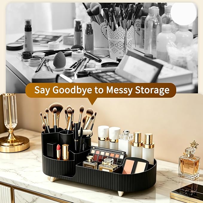 Makeup Organizer with 360° Rotating Brush Holder Cosmetic Storage for Cosmetics, Skincare, Perfume, Bathroom Vanity Desktop Organizer, Lotions Display Case (Black)
