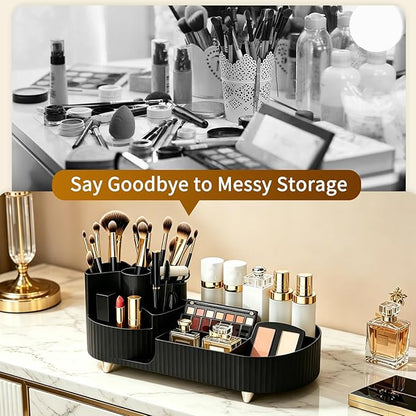 Makeup Organizer with 360° Rotating Brush Holder Cosmetic Storage for Cosmetics, Skincare, Perfume, Bathroom Vanity Desktop Organizer, Lotions Display Case (Black)