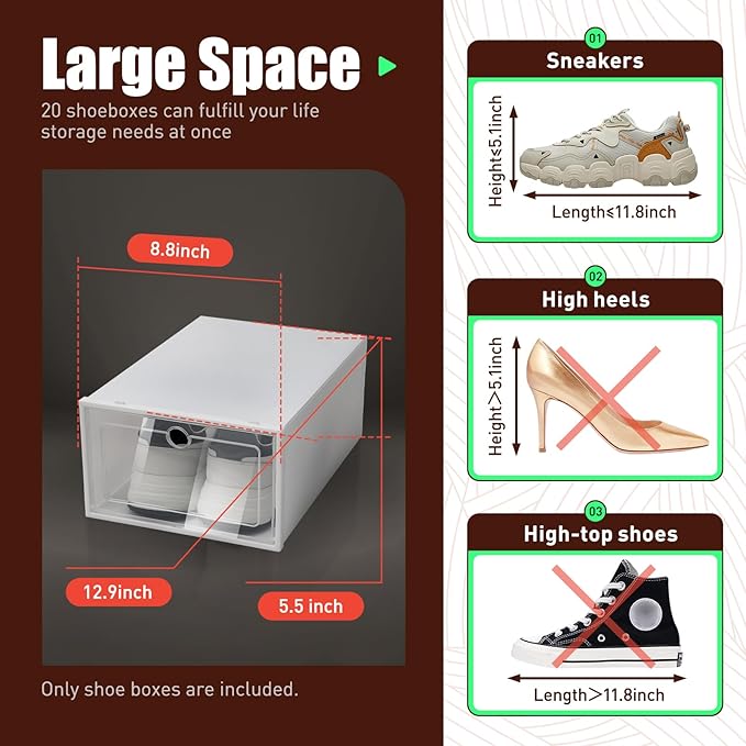 Ringmaster 20 Pack Shoe Storage Box Shoe Organizer Boxes, Clear Plastic Stackable Shoe Rack with Door for Closet Space Saving Sneaker Containers Bins