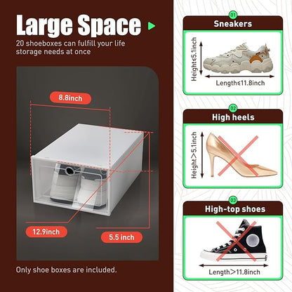Ringmaster 20 Pack Shoe Storage Box Shoe Organizer Boxes, Clear Plastic Stackable Shoe Rack with Door for Closet Space Saving Sneaker Containers Bins