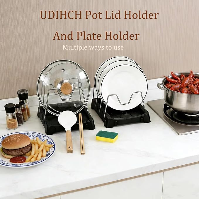 Adjustable Pot Lid Holder with Drip Tray, 2 in 1 Pot Lid Organizer & Spoon Rest, Stainless Steel Lid Holder for Countertop & Cabinet While Cooking, Space Saving Kitchen Pot Cover Rack, Easy Clean