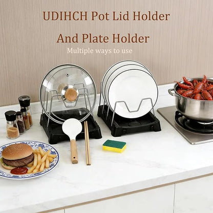 Adjustable Pot Lid Holder with Drip Tray, 2 in 1 Pot Lid Organizer & Spoon Rest, Stainless Steel Lid Holder for Countertop & Cabinet While Cooking, Space Saving Kitchen Pot Cover Rack, Easy Clean